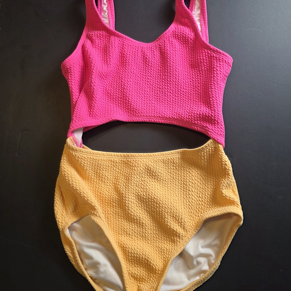 Old Navy Pink and Yellow Girls One-Piece Cutout Swimsuit